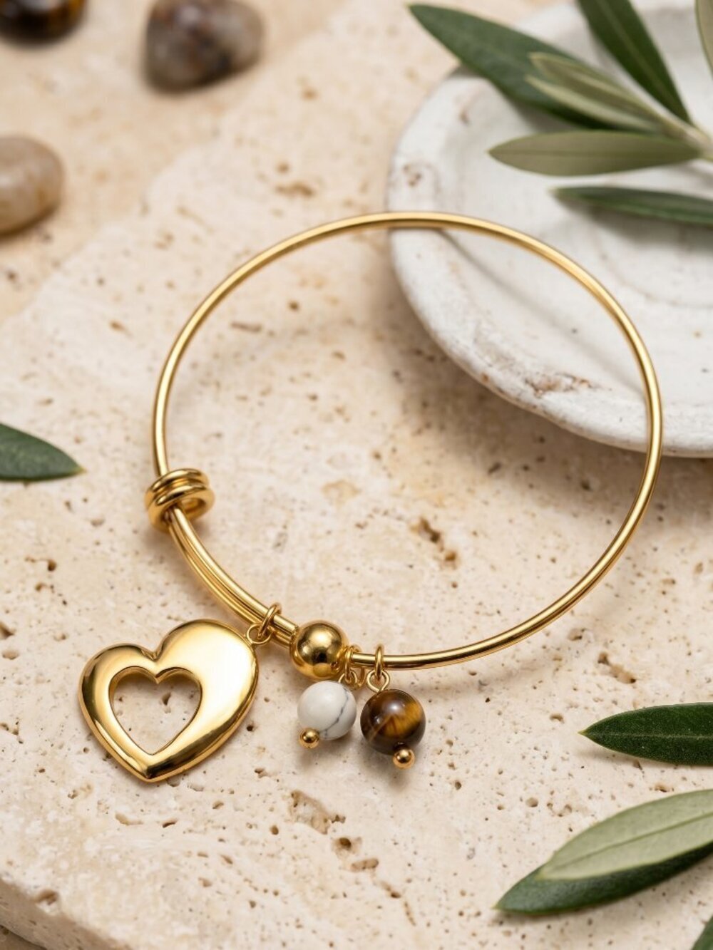 18K Gold Plated Bangle Heart Charm Boho Coquette Tiger Eye Plus Size 2.75"